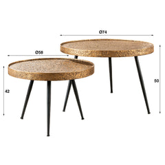 Salontafel opstaande randen rond metallic - Set van 2 - 74x74x50 cm - Brons Antiek