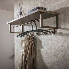 Kapstok Ferro met 6 haken hoedenplank - 100x33x26 cm - Brons Antiek