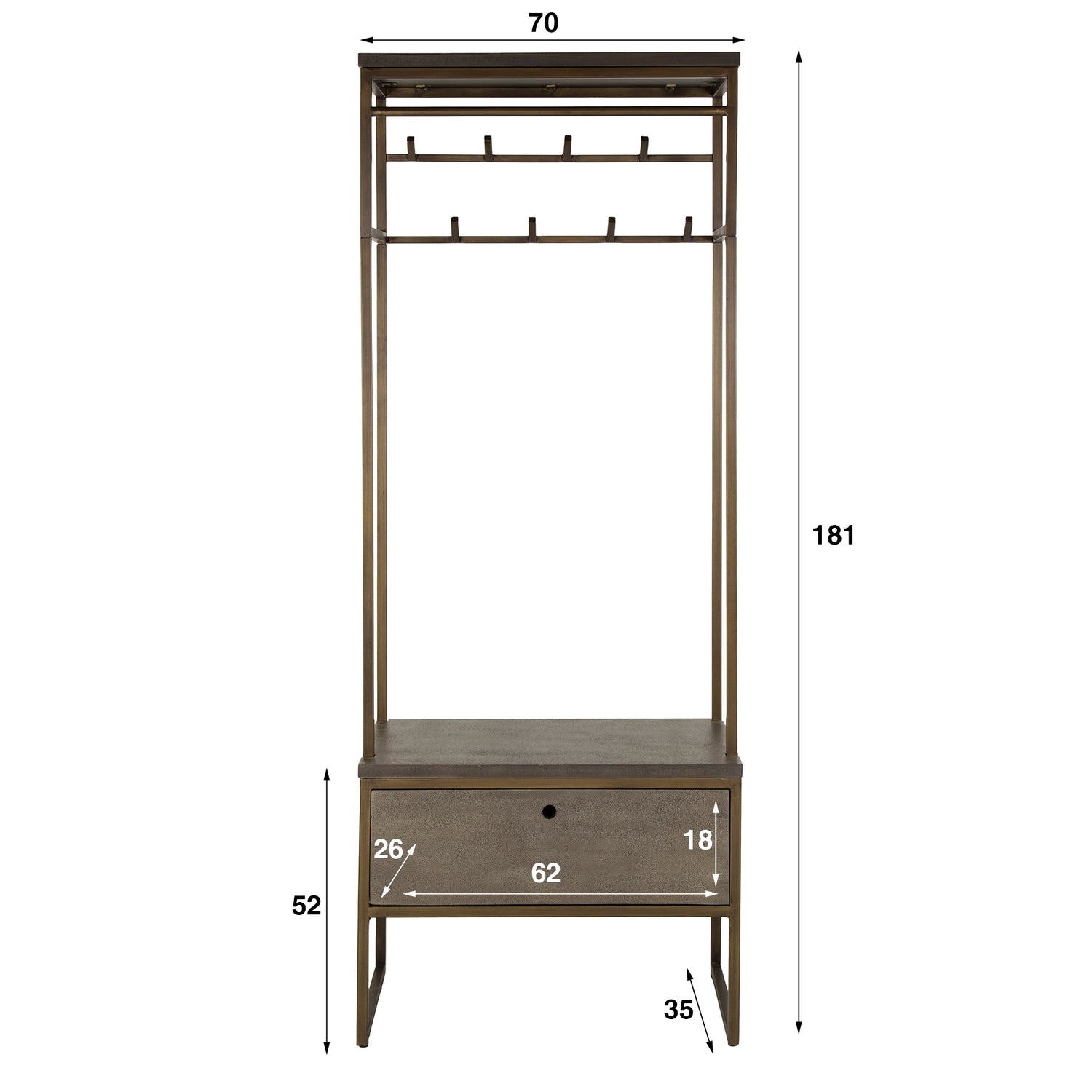 Garderobemeubel Roede Ferro - 70x35x181 cm - Brons Antiek