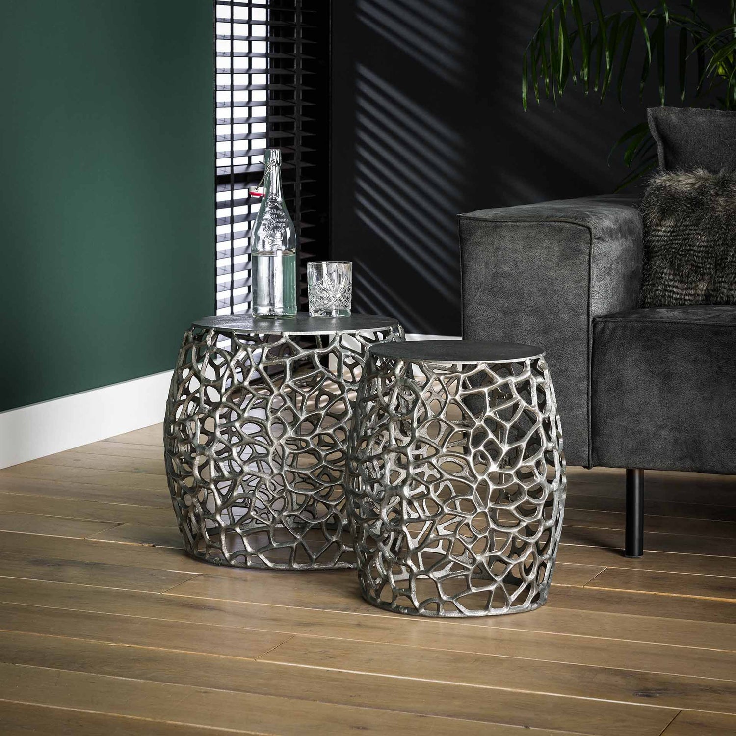 Bijzettafel Maze Zandgegoten - Set van 2 - 45x45x42 cm - Zwart Nikkel