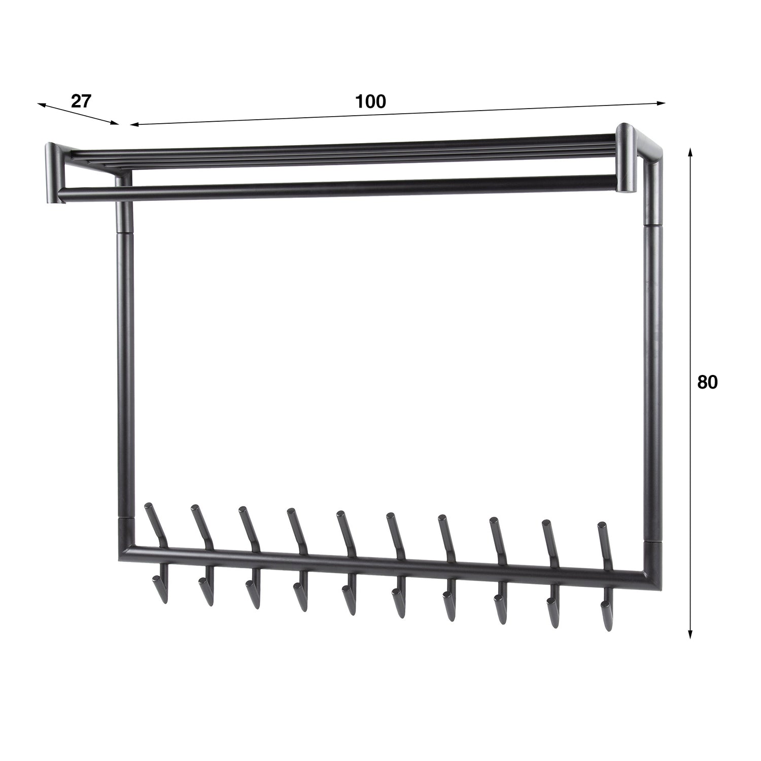 Kapstok met 20 haaks hoog roede ronde buis - 100x27x80 cm - Donkergrijs - Mat