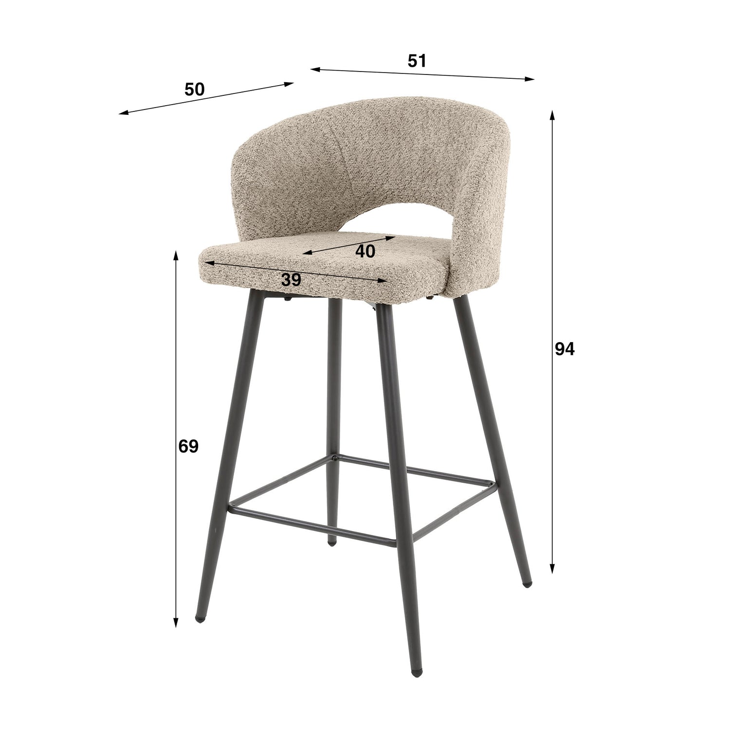 Barstoel Salon 2 stuks - 51x50x94 cm - Boucle Zandkleur