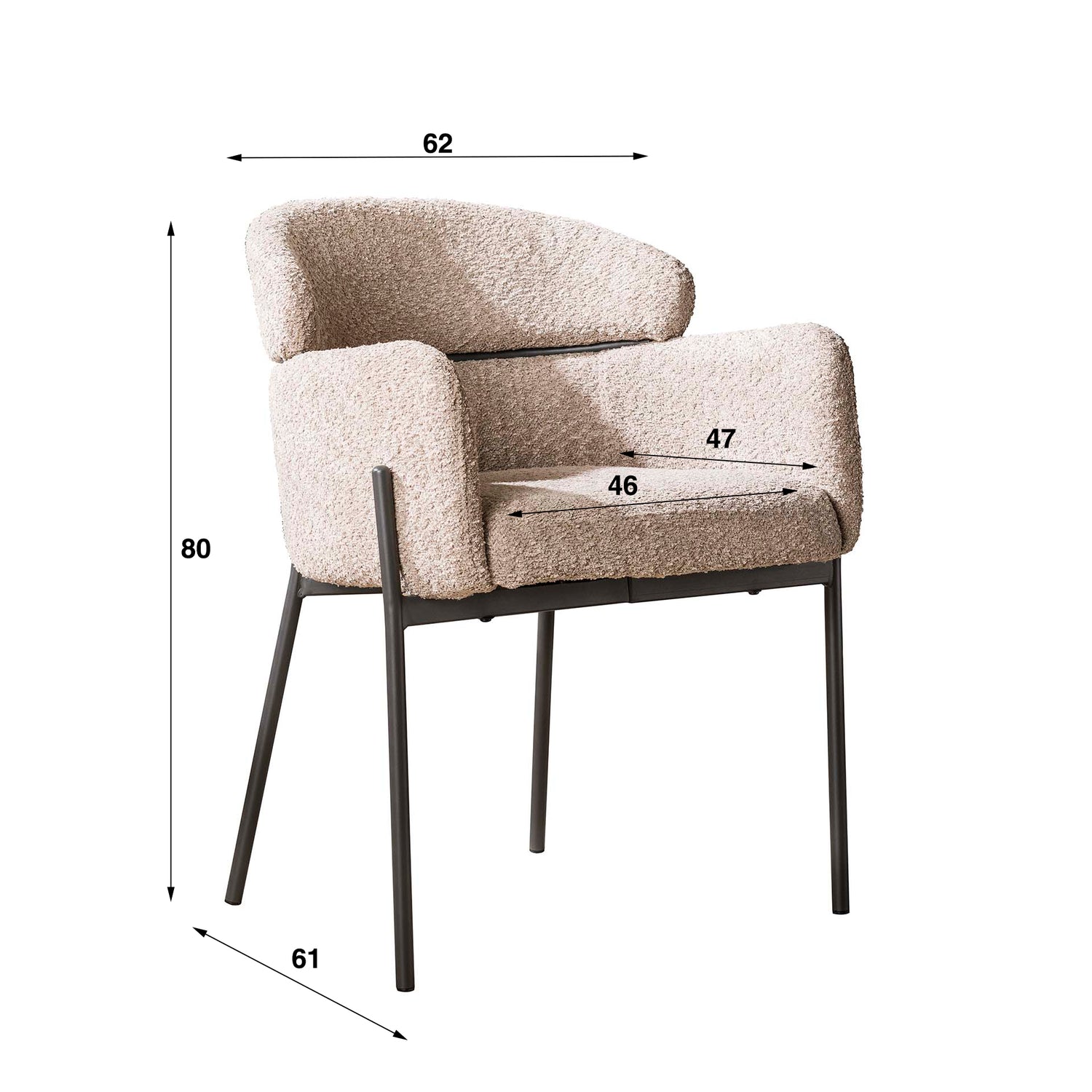 Armstoel Bouclé Ronde Rug 2 stuks - 62x61x80 cm - Zandkleur - Boucle