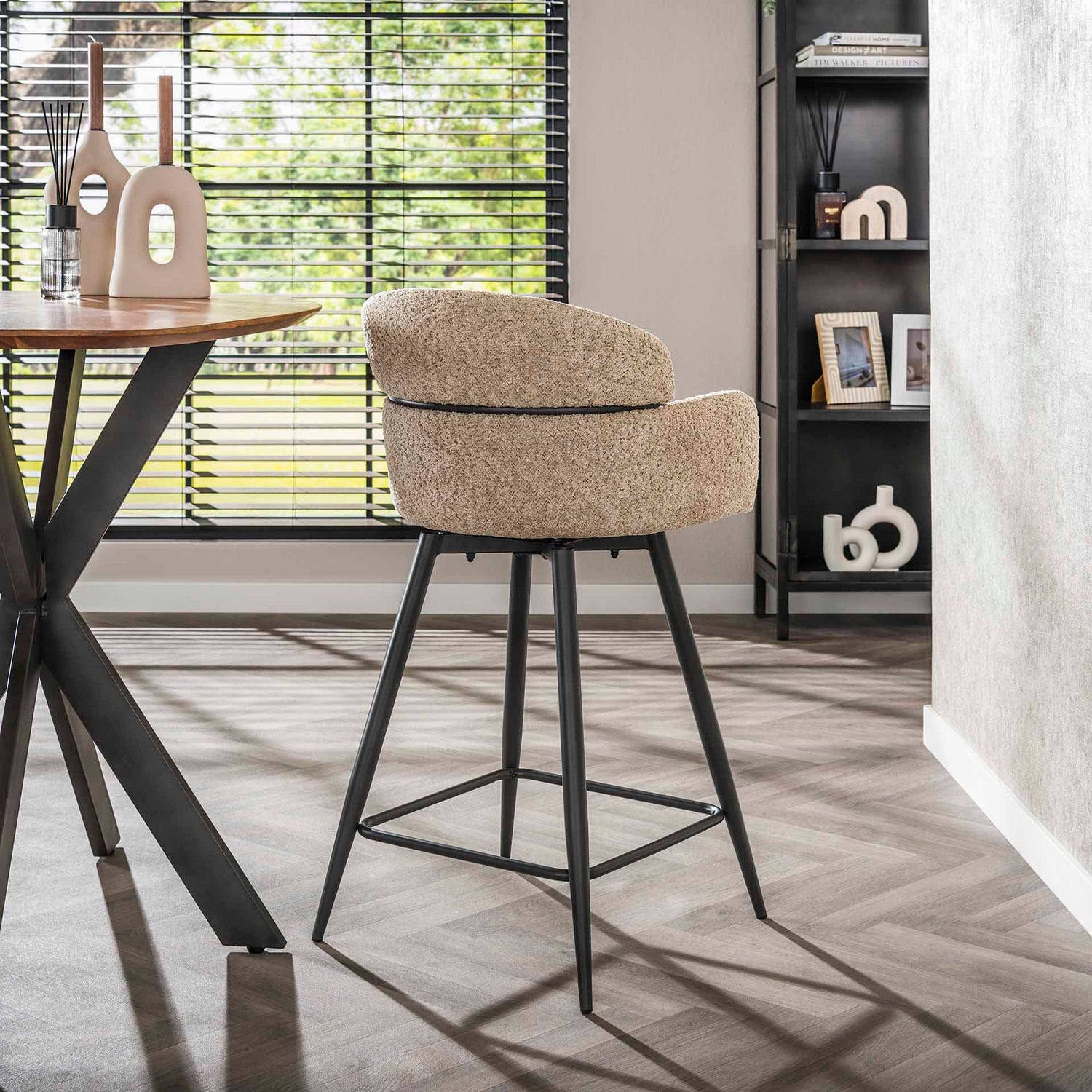 Barstoel Bouclé Ronde Rug Draaibaar 2 stuks - 50x54x95 cm - Zandkleur - Bouclé