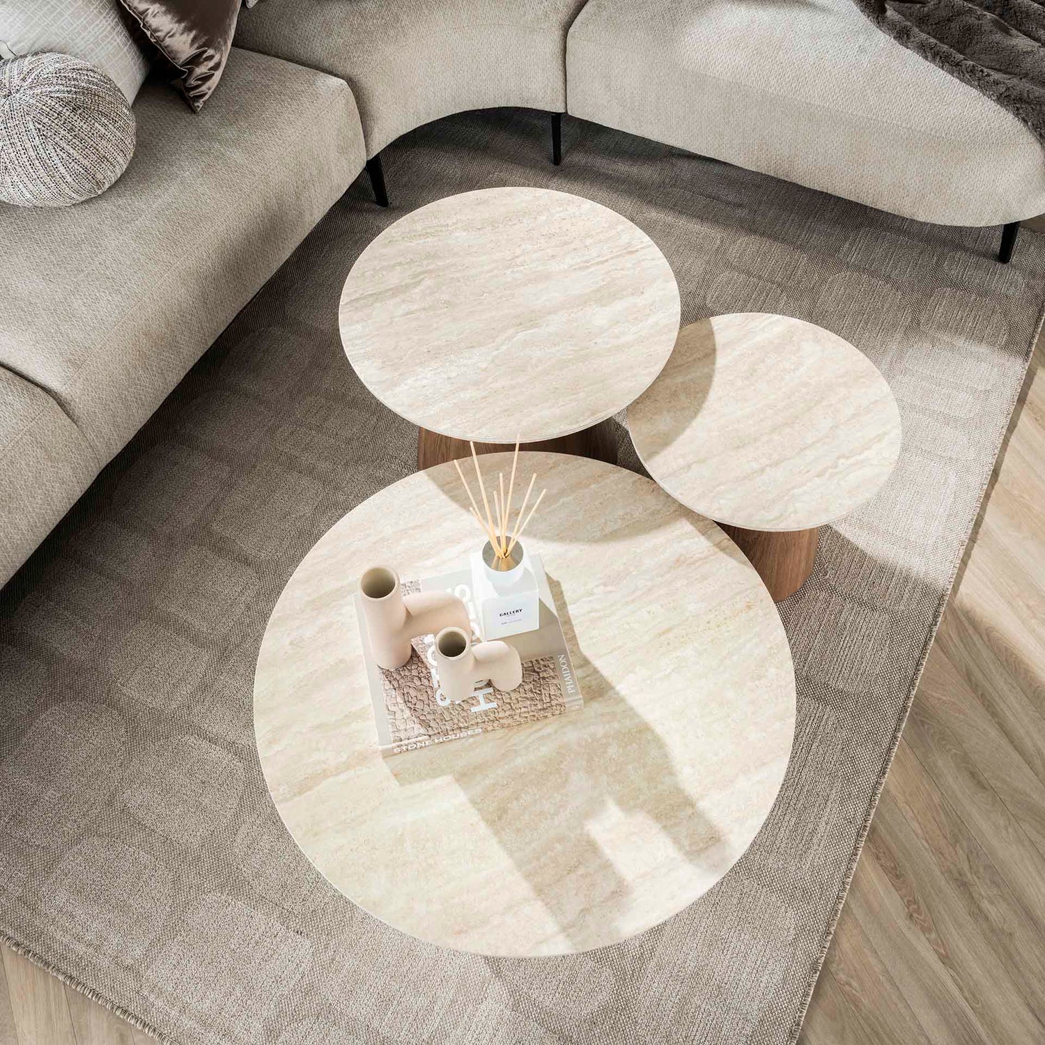 Salontafel Romano Tapse pooten - Set van 3 - 80x80x35 cm - Ceramic Travertine