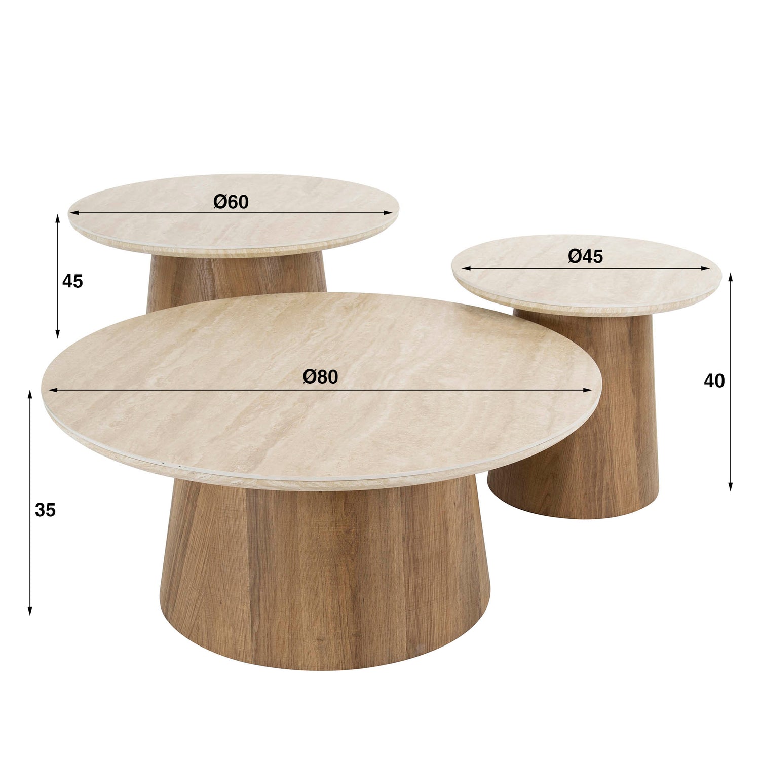 Salontafel Romano Tapse pooten - Set van 3 - 80x80x35 cm - Ceramic Travertine