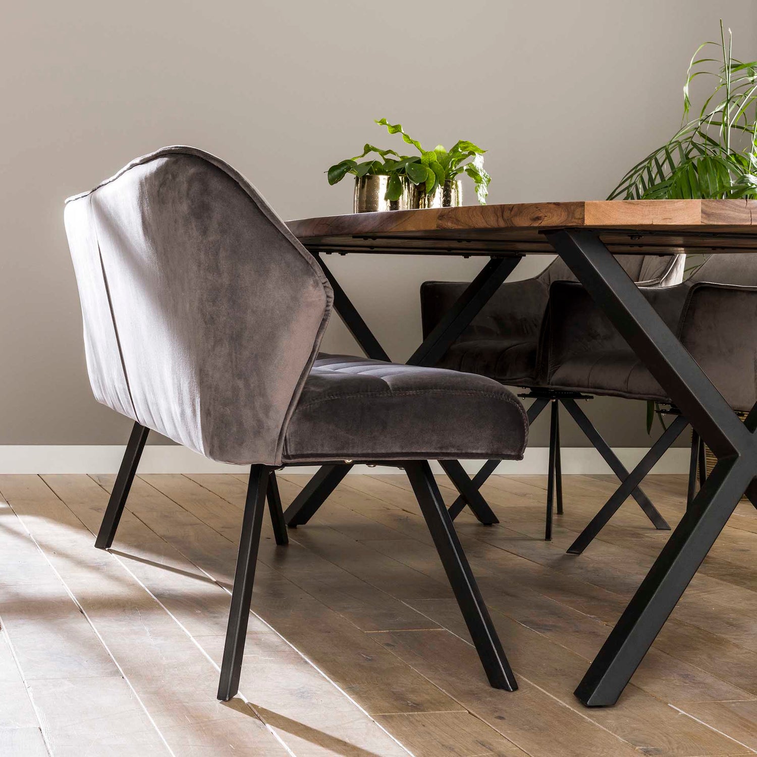 Eetkamerbank Raster - 180x58x81 cm - Antraciet - Velours