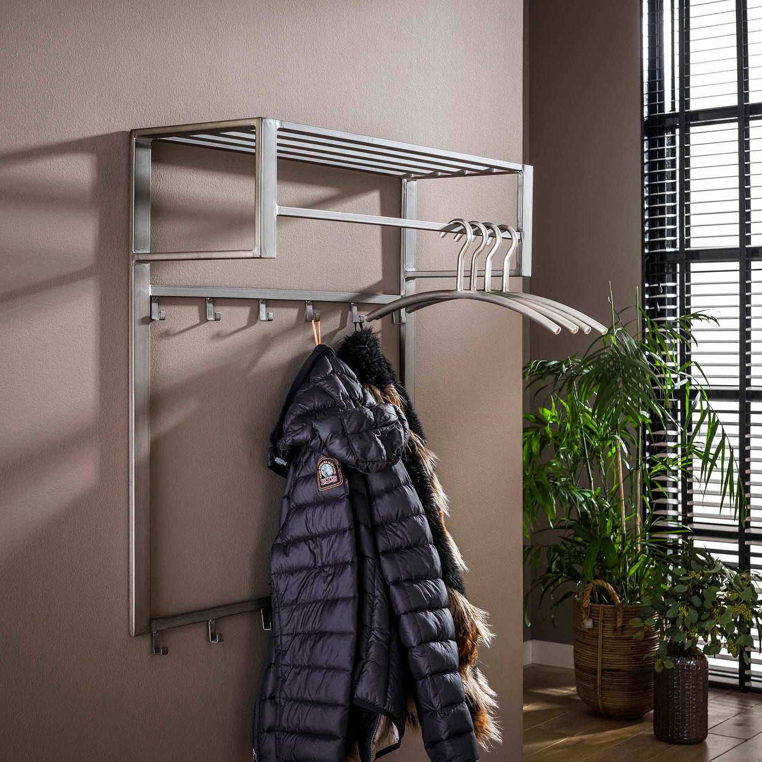 Kapstok Industrial met 12 Haken, Roede & Hoedenplank - 80x30x89 cm - Zilver