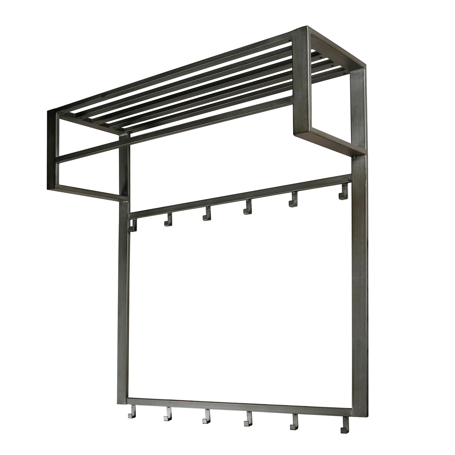 Kapstok Industrial met 12 Haken, Roede & Hoedenplank - 80x30x89 cm - Zilver