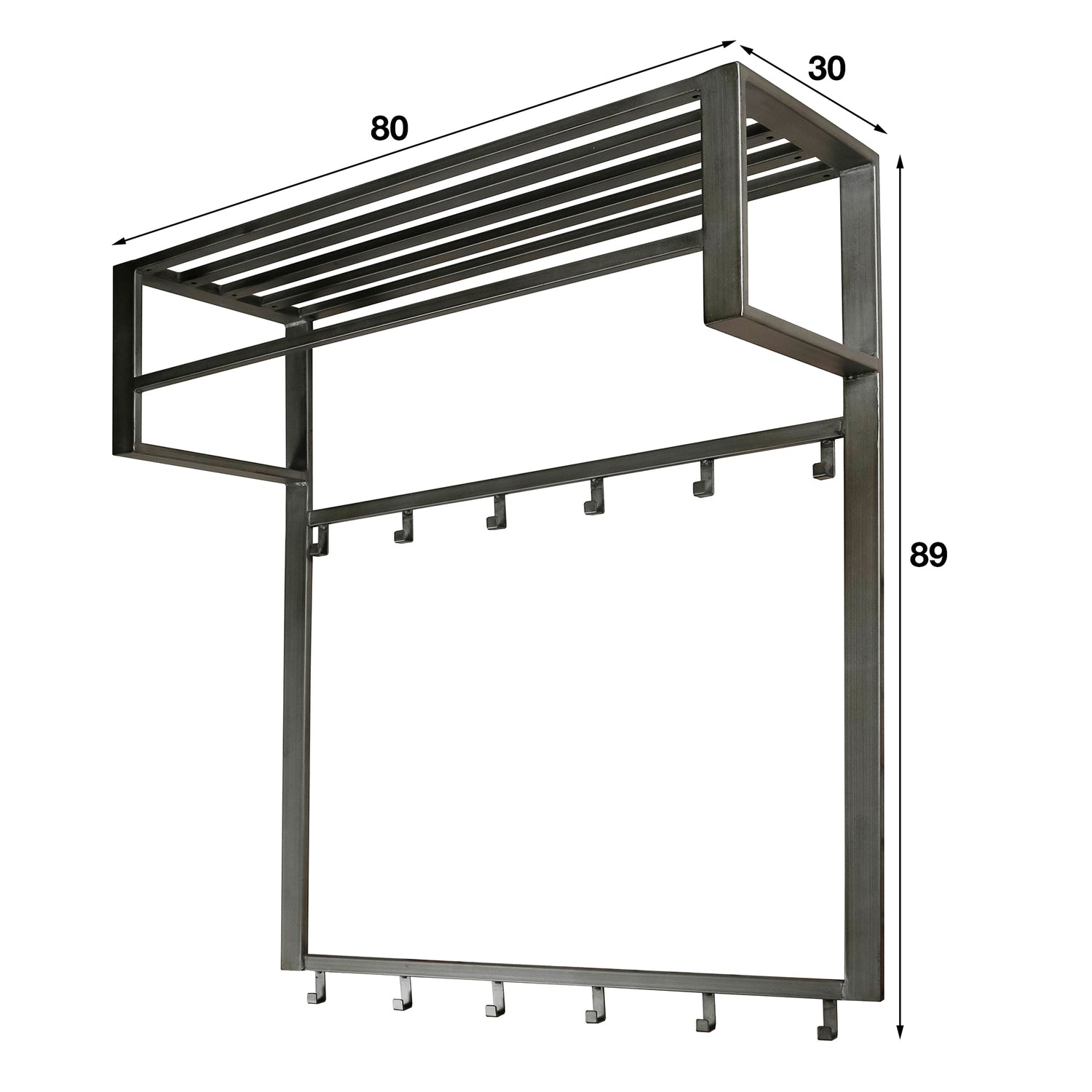 Kapstok Industrial met 12 Haken, Roede & Hoedenplank - 80x30x89 cm - Zilver