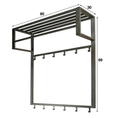 Kapstok Industrial met 12 Haken, Roede & Hoedenplank - 80x30x89 cm - Zilver
