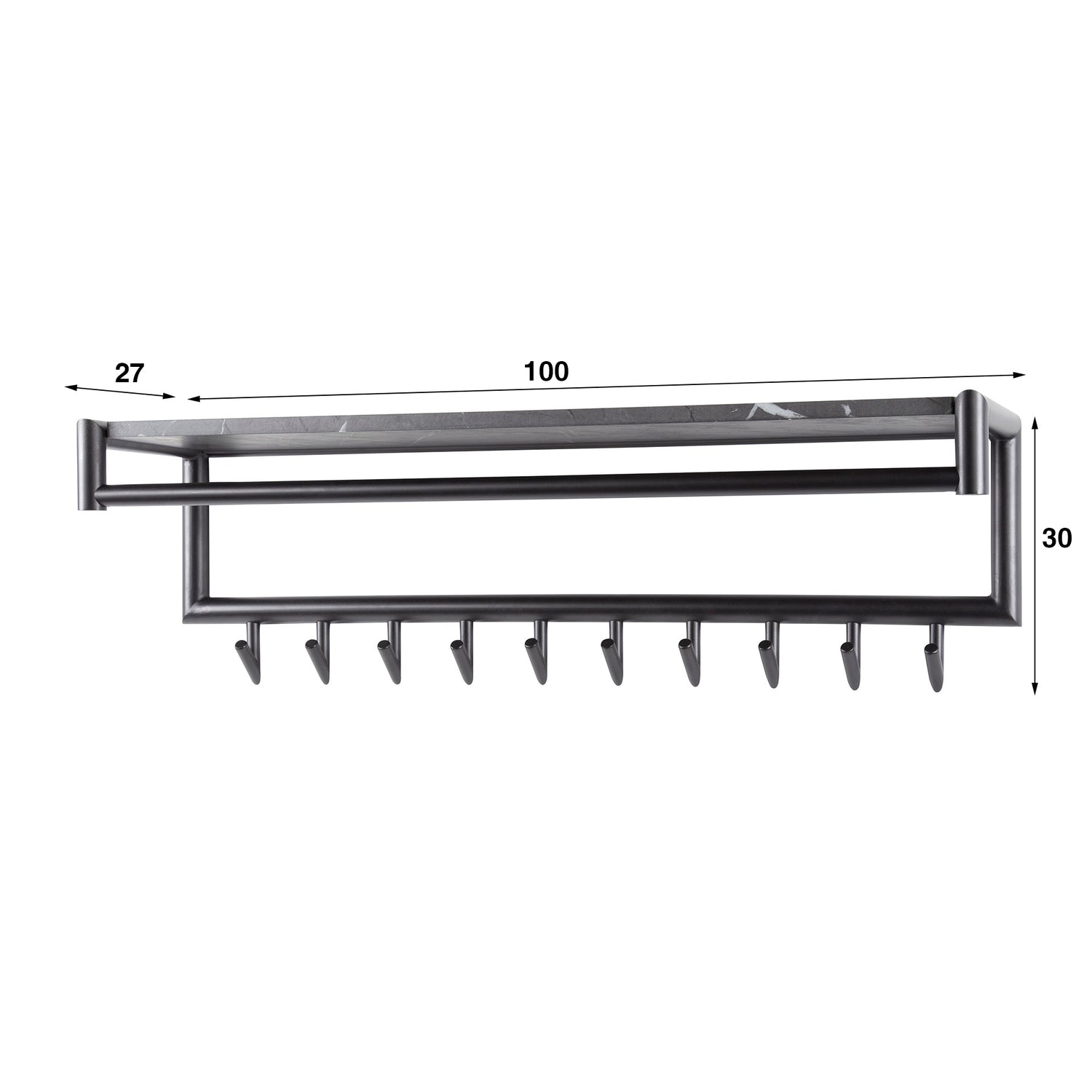 Kapstok 10 Haaks Roede-Hoedenplank - 100x27x30 cm - Zwart Bruin - Melamine
