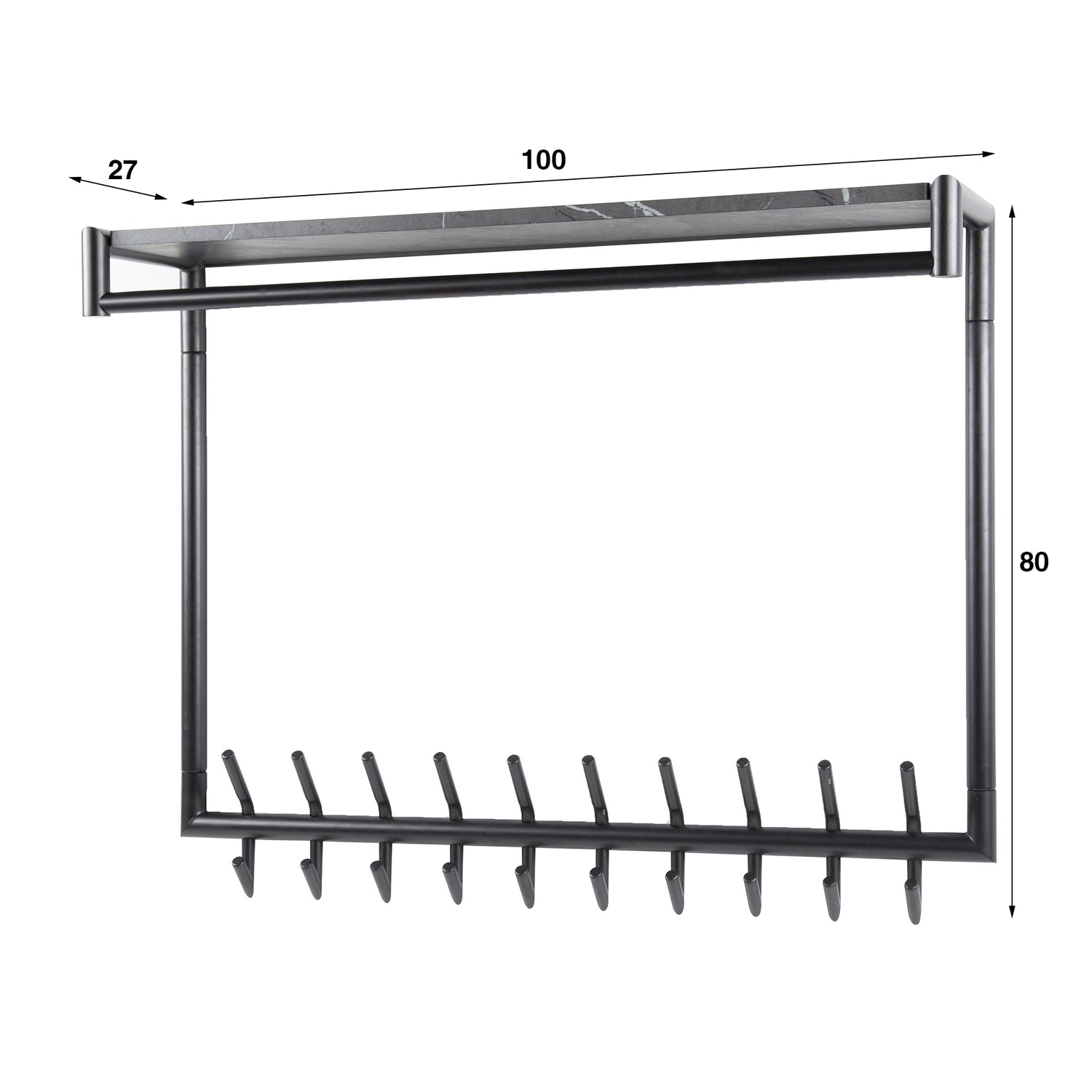 Kapstok 20 Haaks Hoog Roede-Hoedenplank - 100x27x80 cm - Zwart Bruin - Melamine