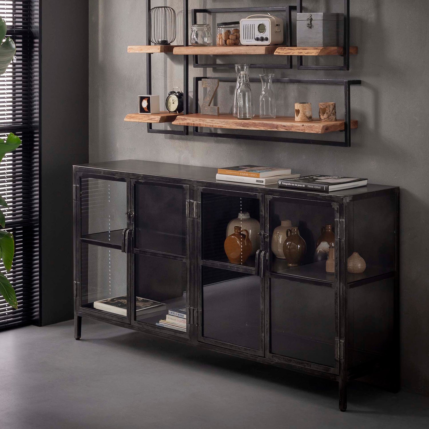 Dressoir Rift Metal met 4 Deuren - 180x40x92 cm - Gun Metal