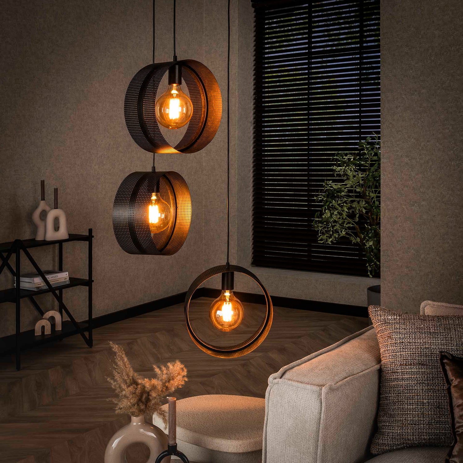Hanglamp met 3 lampen ring geperforeerd - 50x50x180 cm - Charcoal