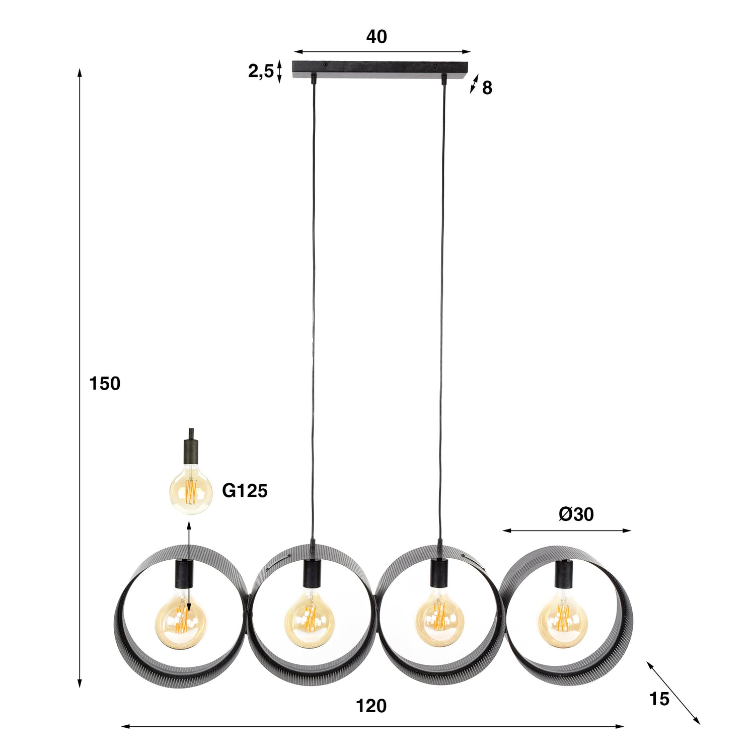 Hanglamp met 4 lampen ring geperforeerd - 120x15x150 cm - Charcoal