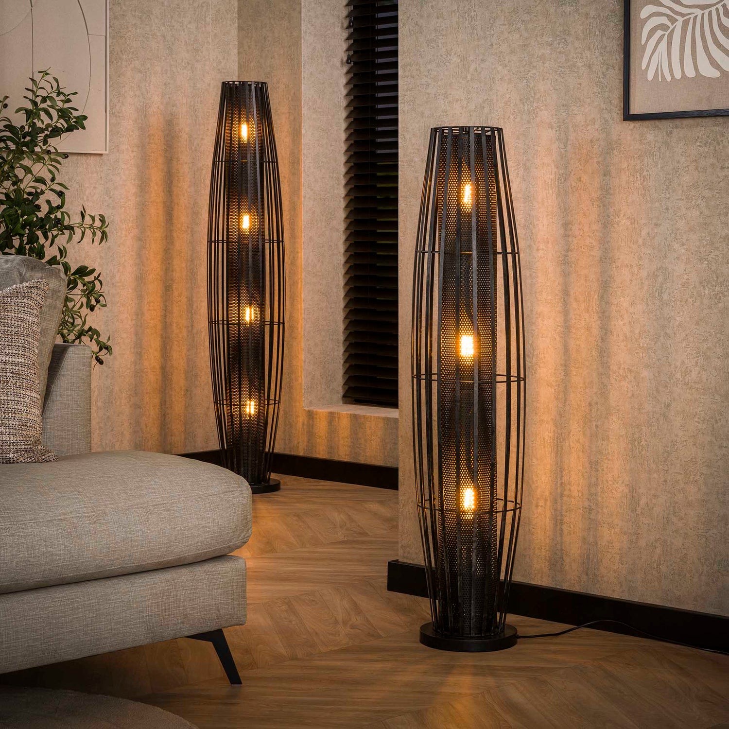 Vloerlamp 150 met 4 Lampen Cylinder Mesh - 29x29x150 cm - Charcoal