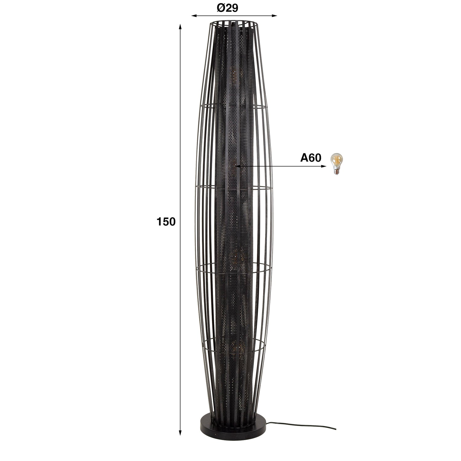 Vloerlamp 150 met 4 Lampen Cylinder Mesh - 29x29x150 cm - Charcoal
