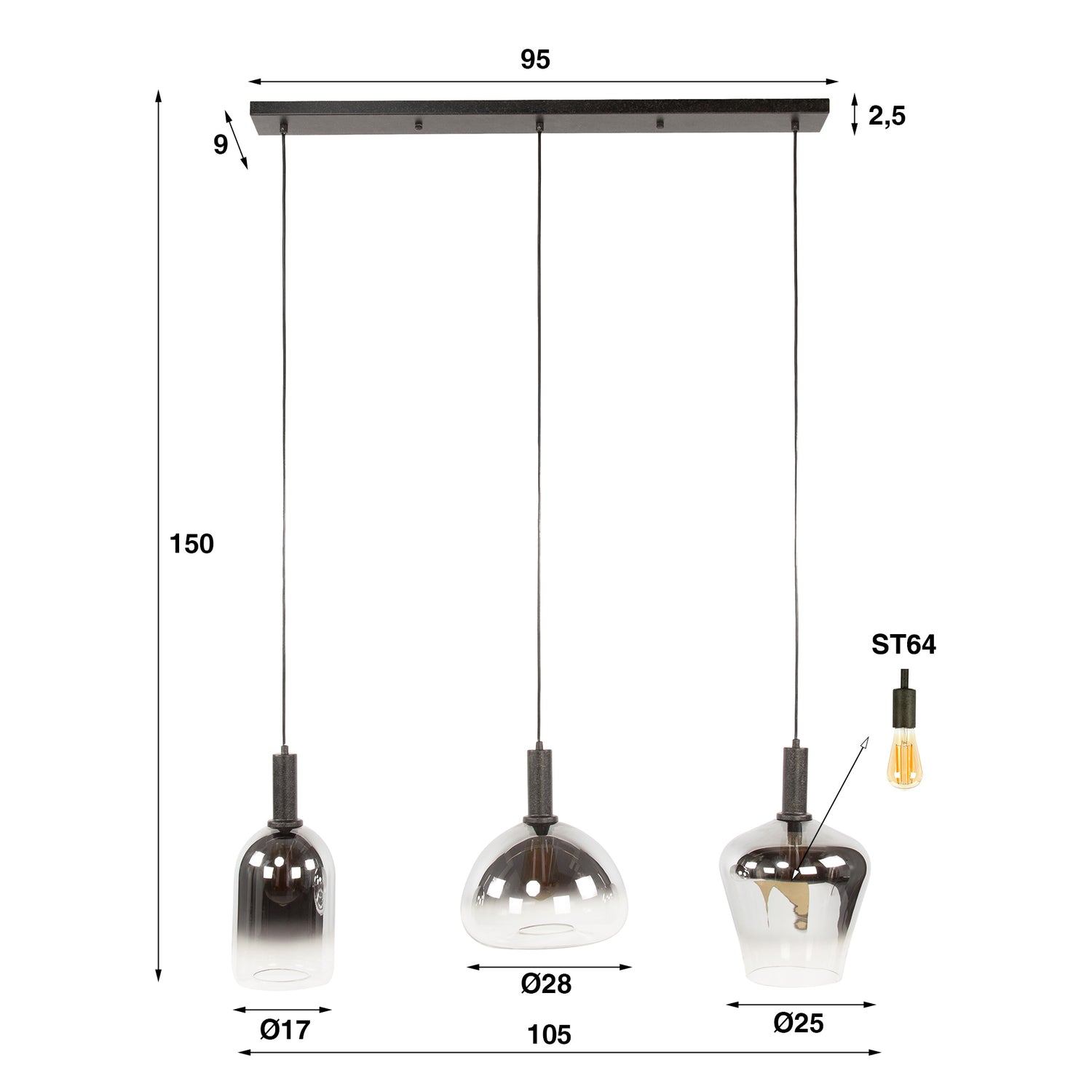 Hanglamp met 3 Lampen Zenith Mix - 105x28x150 cm - Artic Zwart