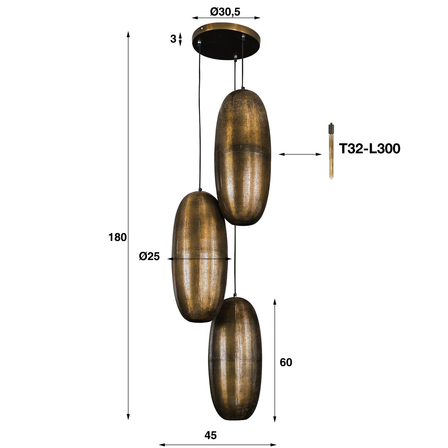 Hanglamp met 3 Lampen cosmic getrapt - 45x45x180 cm - Brons Antiek