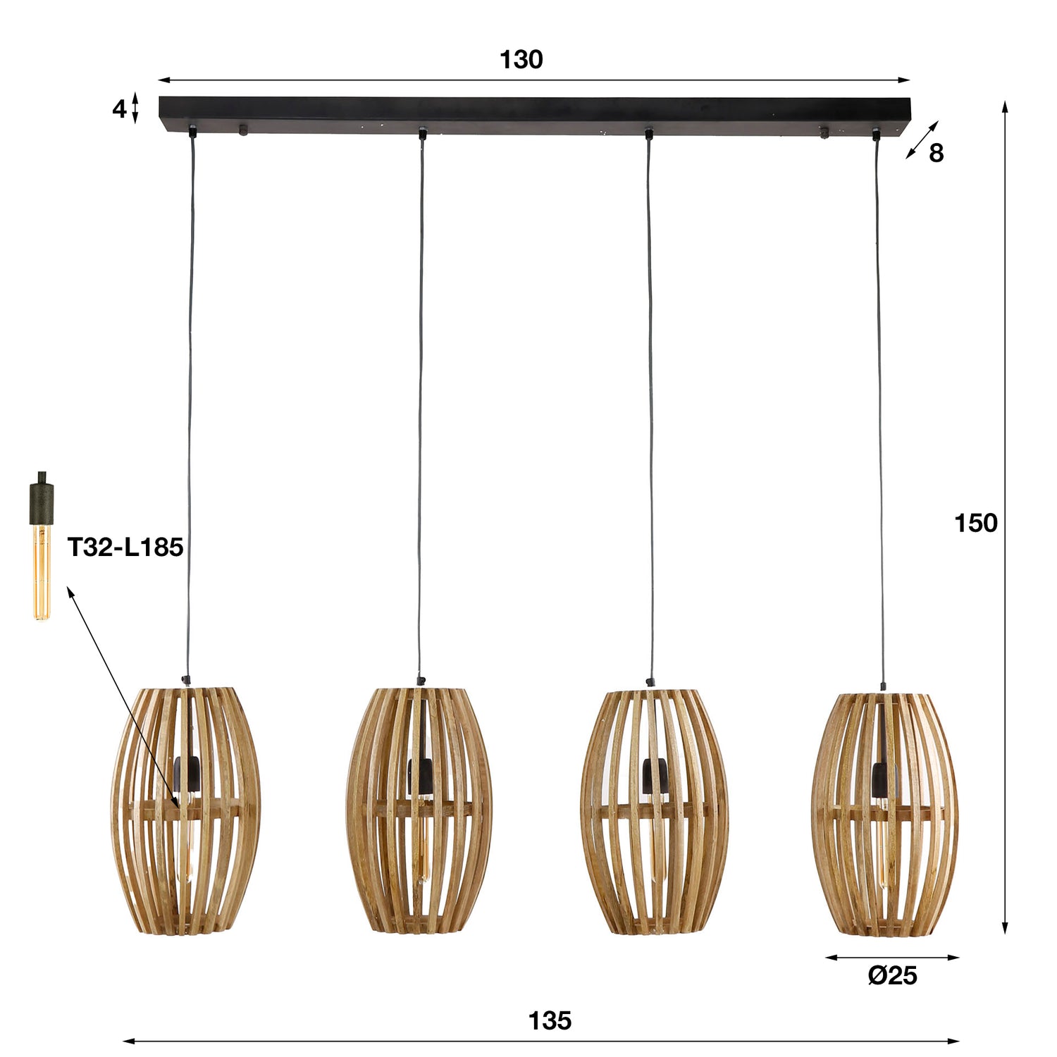 Hanglamp met 4 Lampen Orbit - 135x25x150 cm - Naturel - Mango