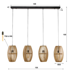 Hanglamp met 4 Lampen Orbit - 135x25x150 cm - Naturel - Mango
