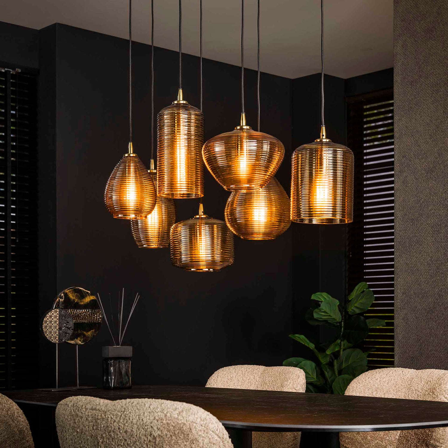 Hanglamp met 7 Lampen Stripe Glass - 93x40x150 cm - Amber - Glas
