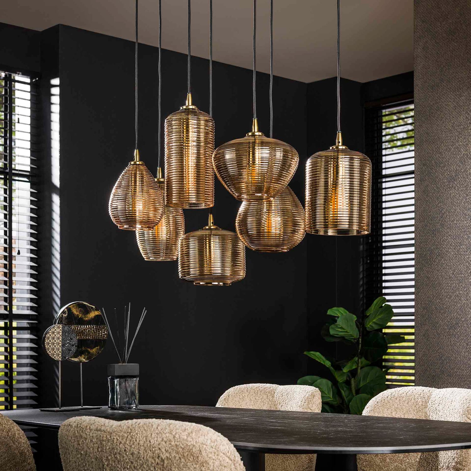 Hanglamp met 7 Lampen Stripe Glass - 93x40x150 cm - Amber - Glas