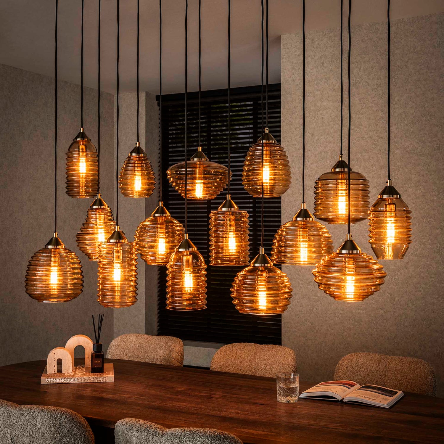 Hanglamp met 15 Lampen Rib Glass - 155x60x150 cm - Amber - Glas