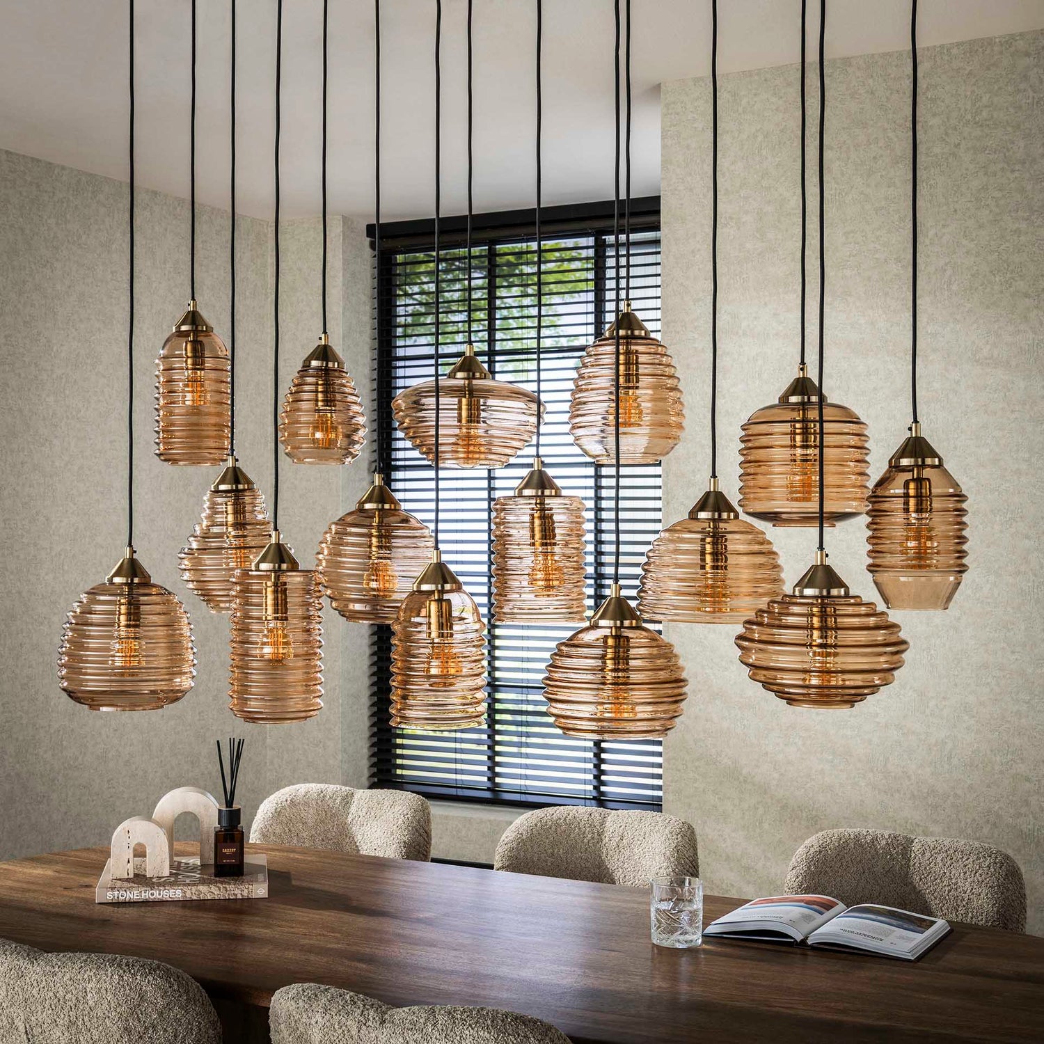 Hanglamp met 15 Lampen Rib Glass - 155x60x150 cm - Amber - Glas