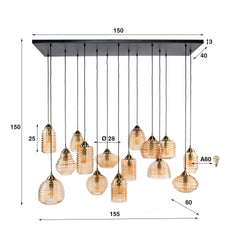 Hanglamp met 15 Lampen Rib Glass - 155x60x150 cm - Amber - Glas