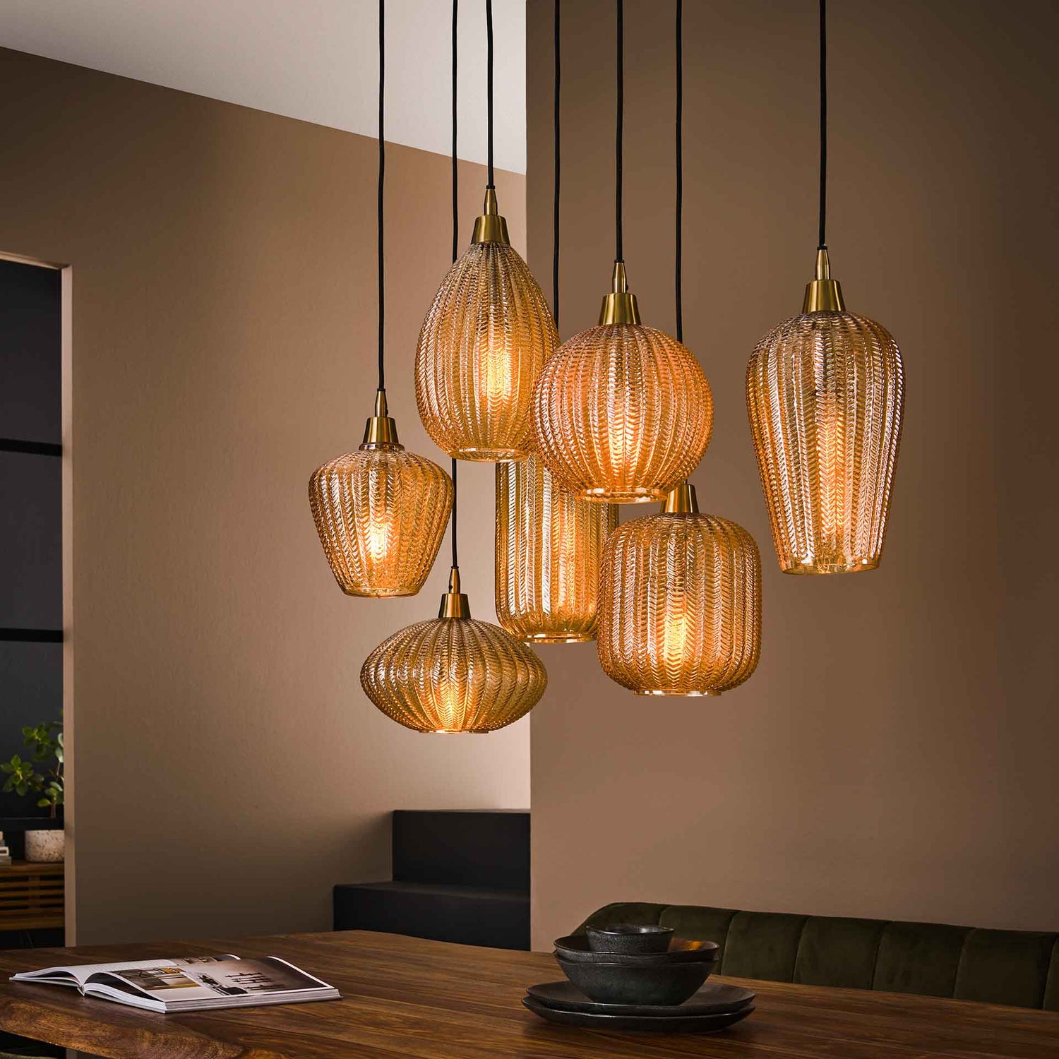 Hanglamp met 7 Lampen V-shape Pattern Mix - 95x38x150 cm - Amber - Glas