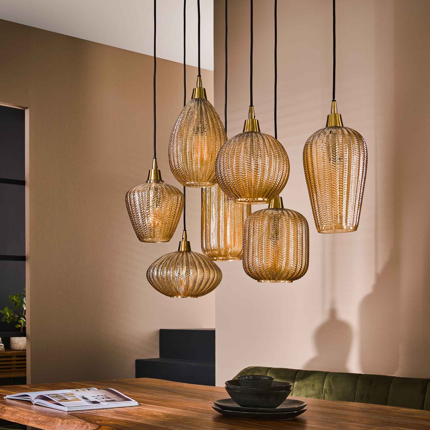 Hanglamp met 7 Lampen V-shape Pattern Mix - 95x38x150 cm - Amber - Glas