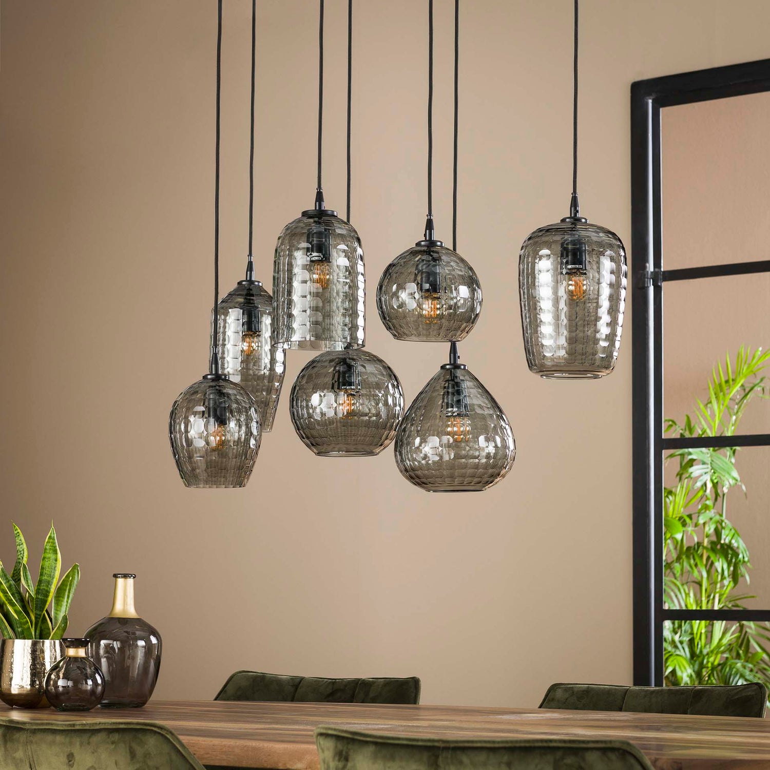 Hanglamp met 7 Lampen Hexagon Mix - 90x30x150 cm - Smoke Grey - Glas