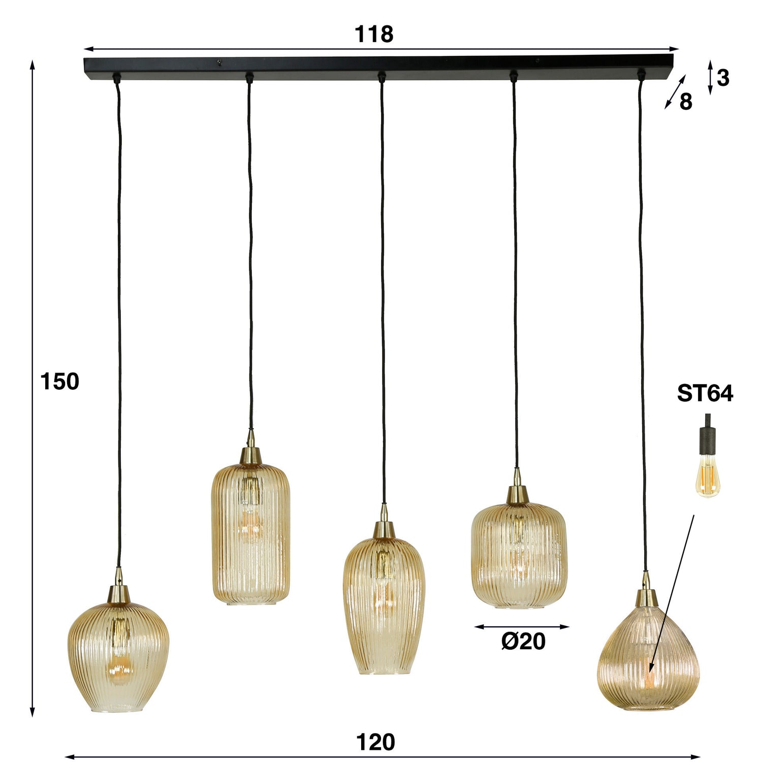 Hanglamp met 5 Lampen Stripe Glass Mix - 120x20x150 cm - Amber - Glas