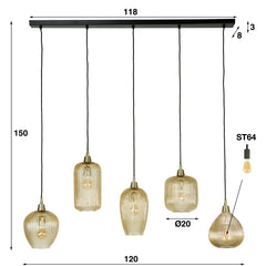 Hanglamp met 5 Lampen Stripe Glass Mix - 120x20x150 cm - Amber - Glas