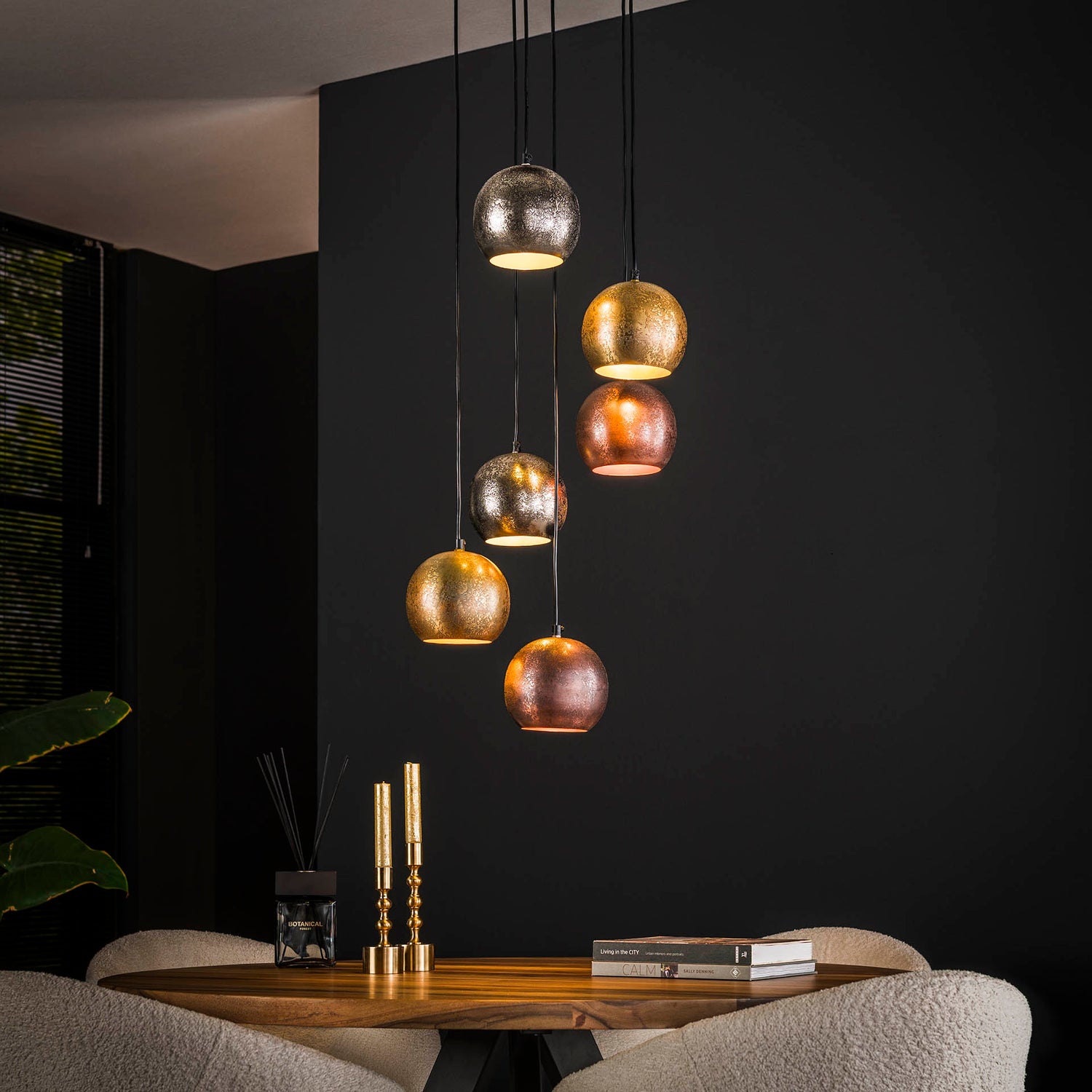 Hanglamp met 6 Lampen Bol Getrapt Metal Print - 40x40x150 cm - Mat Nikkel Mix Color