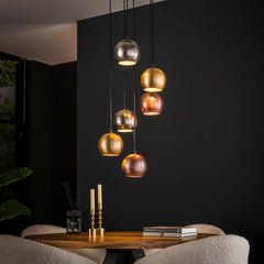 Hanglamp met 6 Lampen Bol Getrapt Metal Print - 40x40x150 cm - Mat Nikkel Mix Color