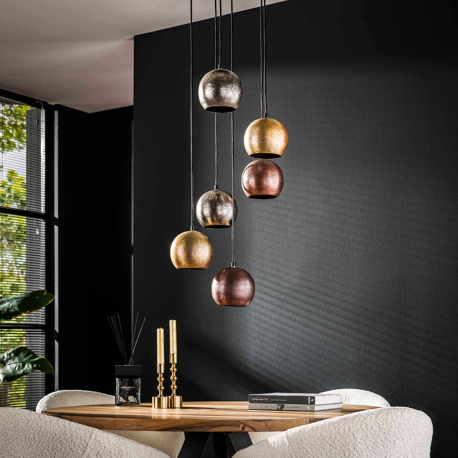 Hanglamp met 6 Lampen Bol Getrapt Metal Print - 40x40x150 cm - Mat Nikkel Mix Color