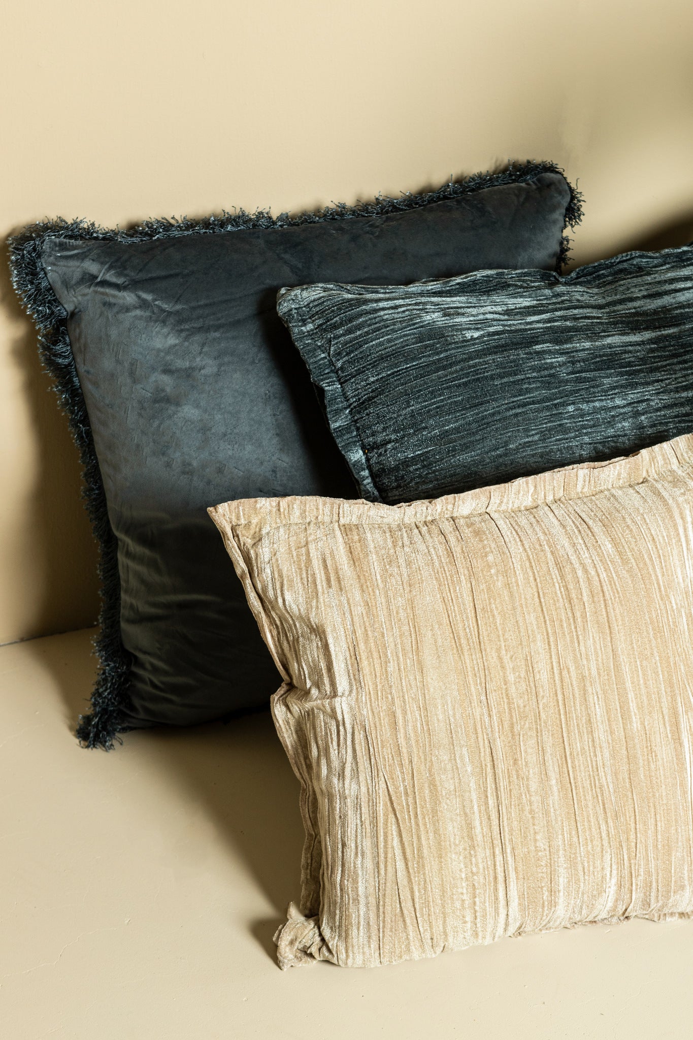 Senny Beige Velvet Cushion Ruffle Rim Rectangle