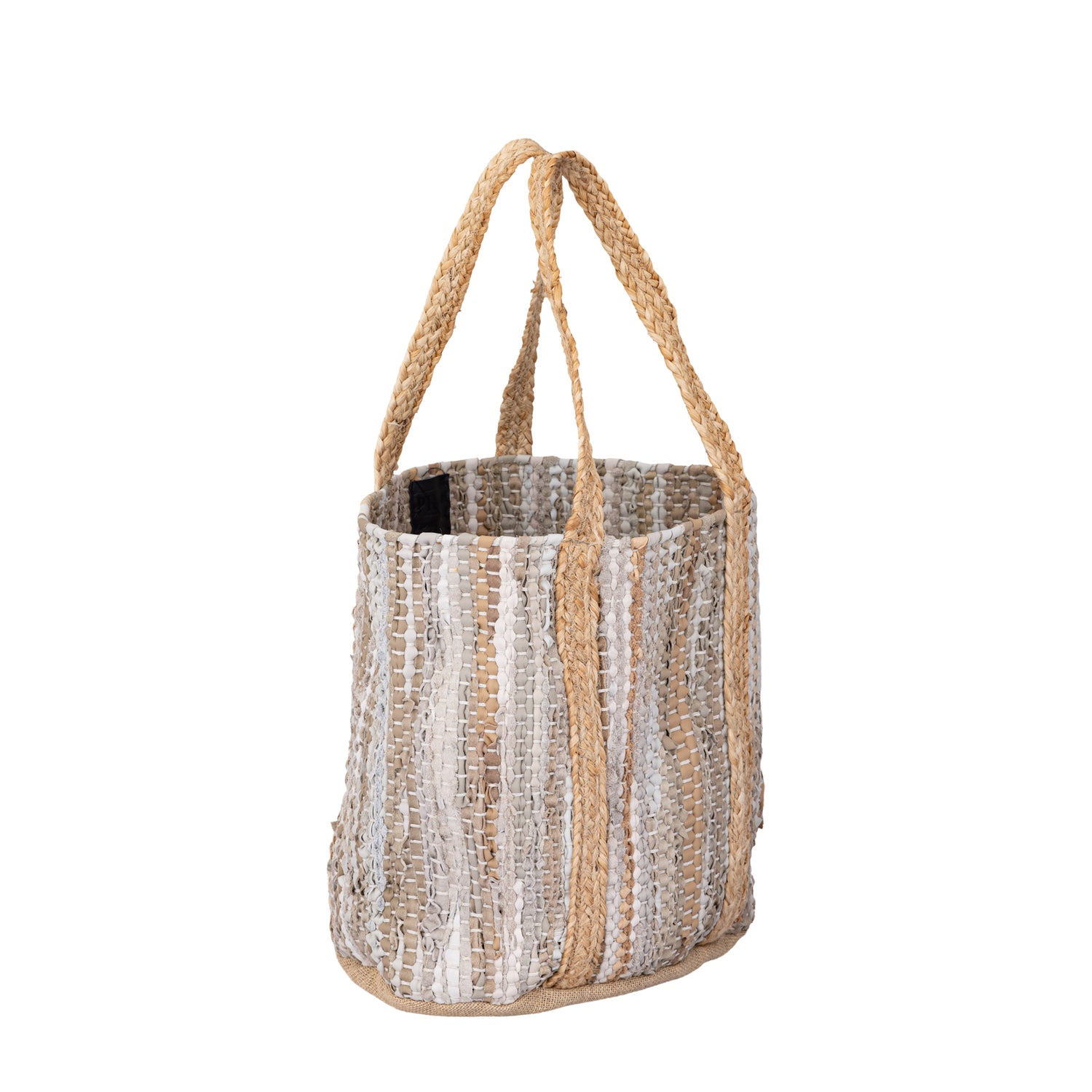 Cherree Beige Jute Leather Round Basket Handles