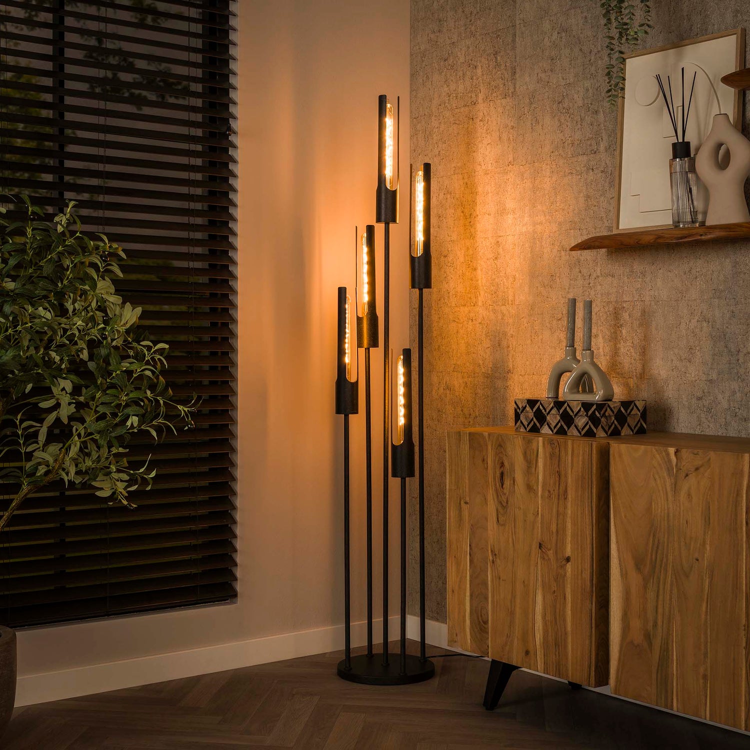 Vloerlamp met 5 lampen getrapt tube - 30x30x176 cm - Artic Zwart