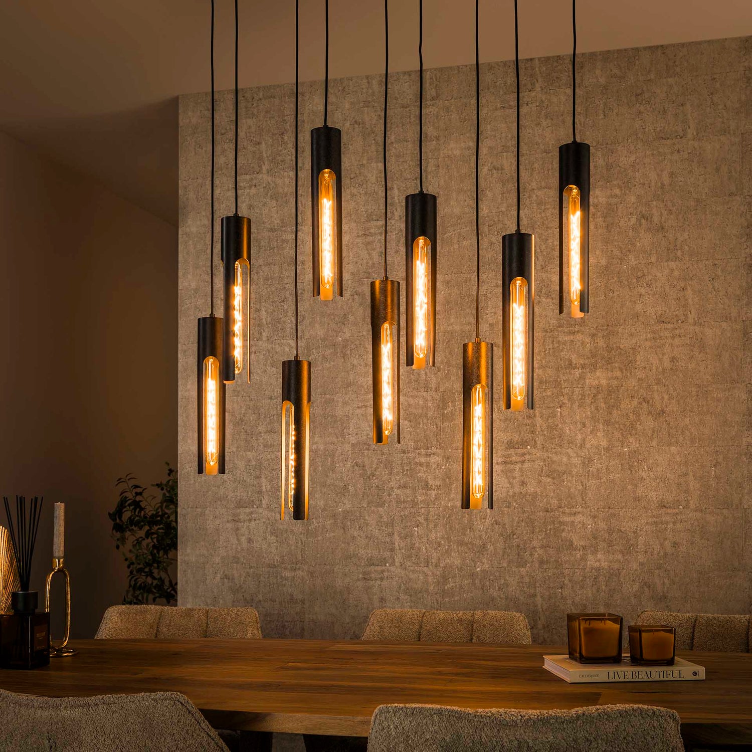 Hanglamp met 9 Lampen Tube - 100x18x150 cm - Artic - Zwart