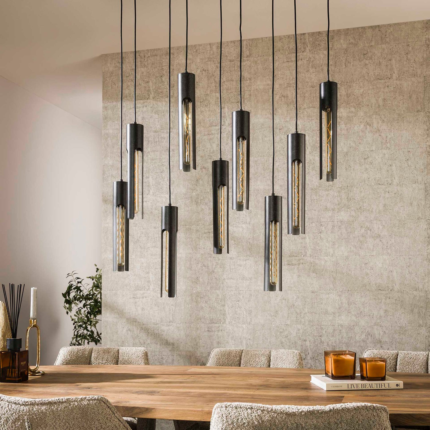 Hanglamp met 9 Lampen Tube - 100x18x150 cm - Artic - Zwart