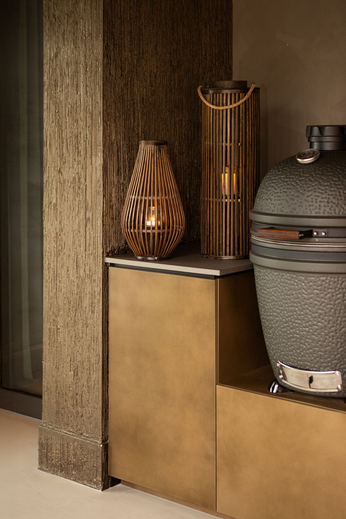 Zafria Brown Round Bamboo Lantern With Glass L