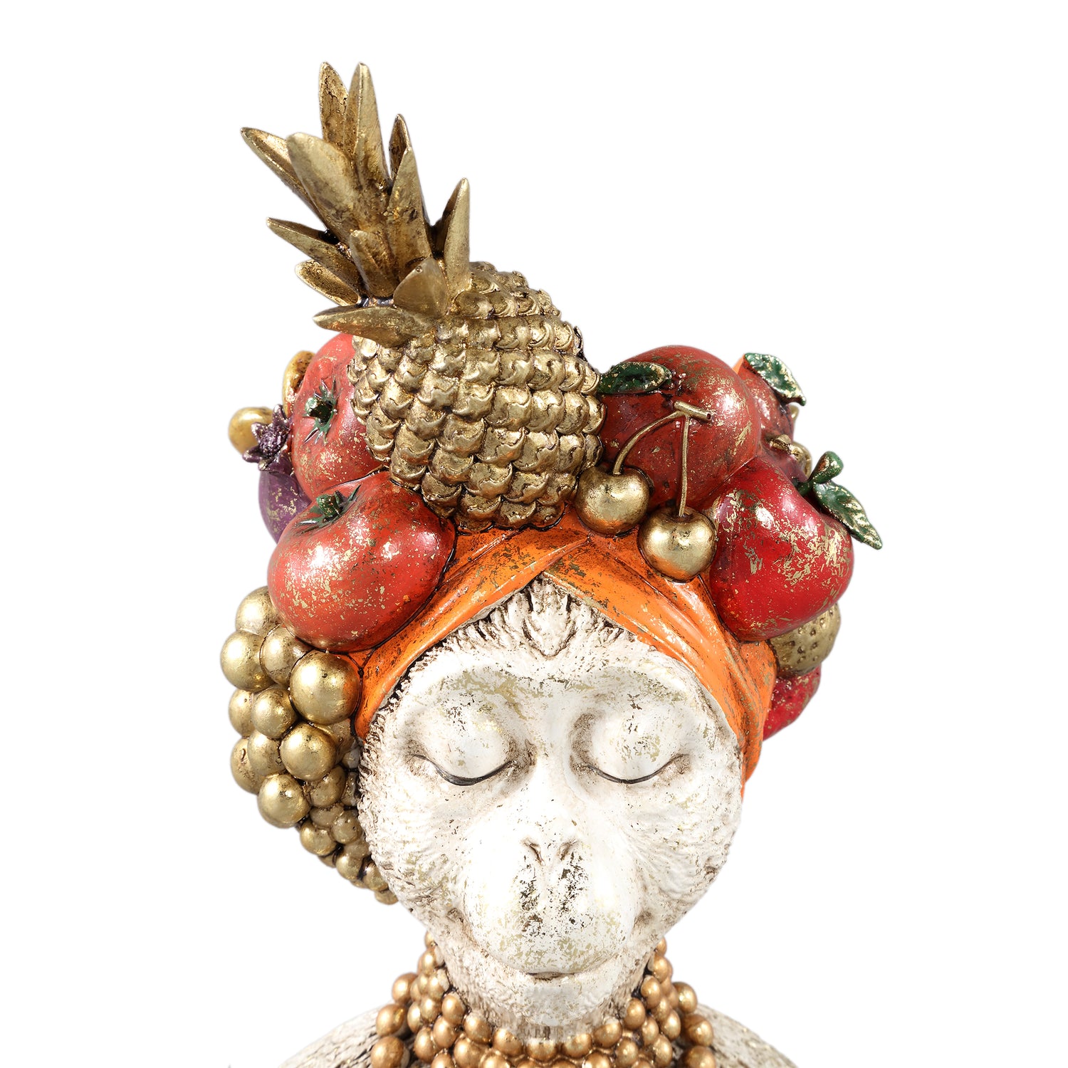 Kaliesa White Poly Monkey Statue With Fruits Round