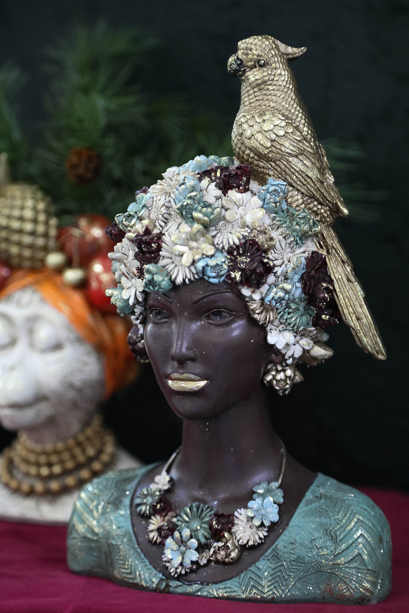 Kaliesa Green Poly Lady Statue Bird And Flowers