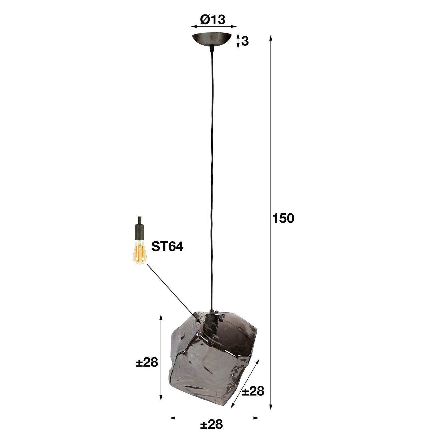 Hanglamp met 1 lamp rock chromed - 28x28x150 cm - Chromed - Glas