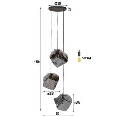 Hanglamp met 3 Lampen Rock Chromed Getrapt - 50x50x150 cm - Chromed - Glas