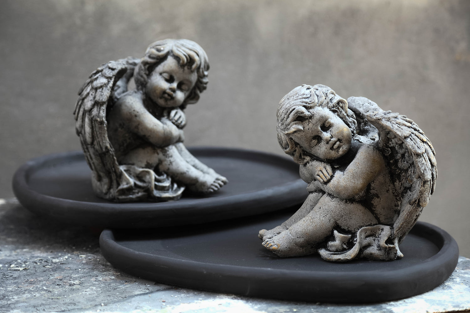 Chrisann Grey Cement Sitting Angel Statue Set Of 2
